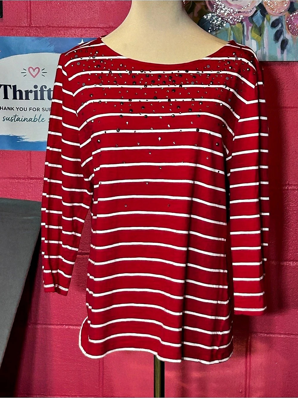 Talbots Red and White Stripe Rhinestone Embellished 3/4 Sleeve Top Red & White